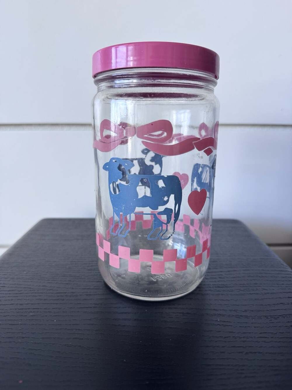 Vintage Glass Canister with Blue Cows and Pink Lid